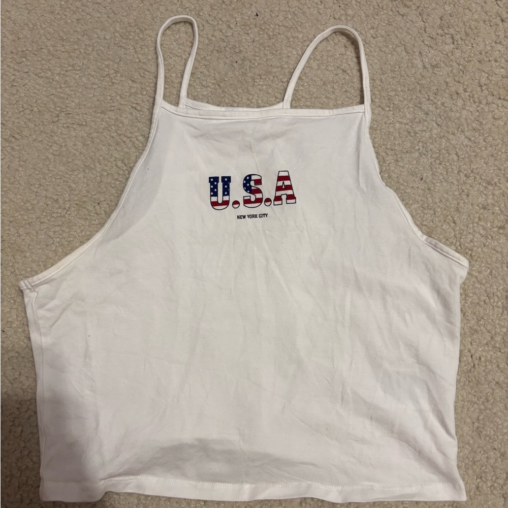 • White Relaxed Crop Camisole Top with USA Design •